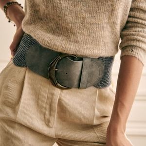 Wide Suede and Woven Elastic Belt in Slate Gray - Women Accessories